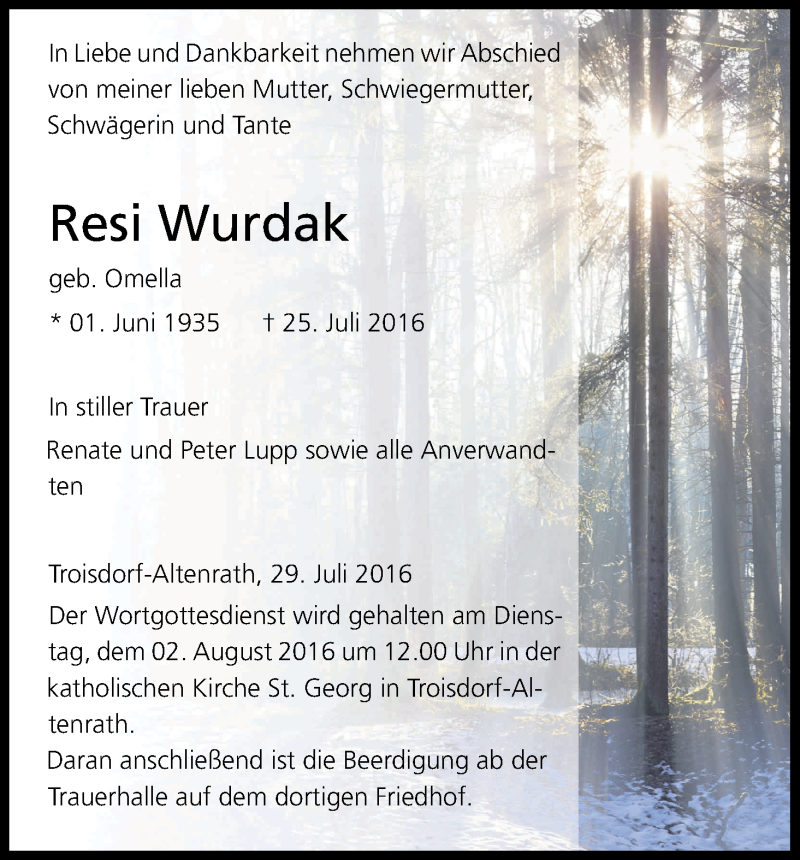  Traueranzeige für Resi Wurdak vom 29.07.2016 aus Kölner Stadt-Anzeiger / Kölnische Rundschau / Express
