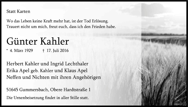  Traueranzeige für Günter Kahler vom 23.07.2016 aus Kölner Stadt-Anzeiger / Kölnische Rundschau / Express