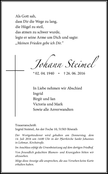 Anzeige von Johann Steimel von Kölner Stadt-Anzeiger / Kölnische Rundschau / Express