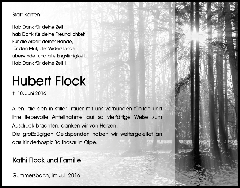  Traueranzeige für Hubert Flock vom 27.07.2016 aus  Anzeigen Echo 