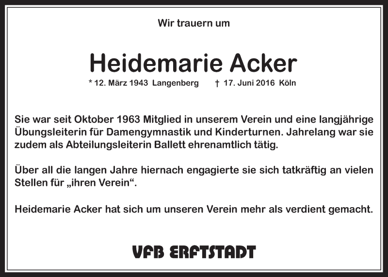  Traueranzeige für Heidemarie Acker vom 13.07.2016 aus  Werbepost 