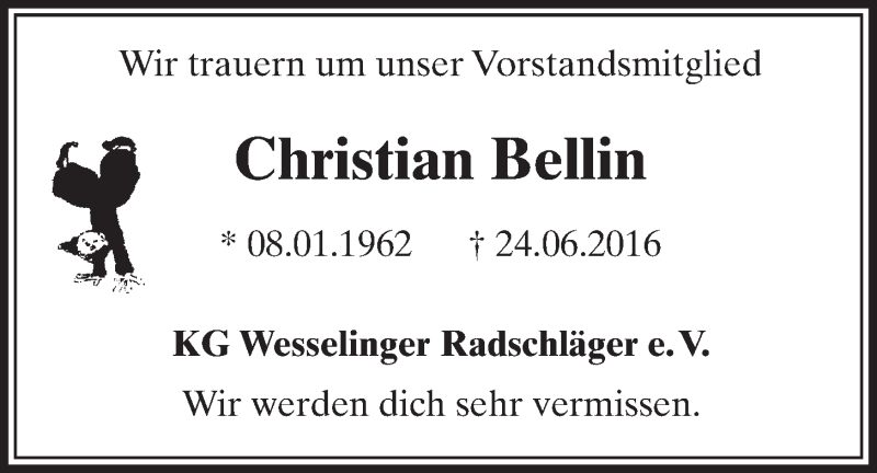 Traueranzeige für Christian Bellin vom 06.07.2016 aus  Schlossbote/Werbekurier 