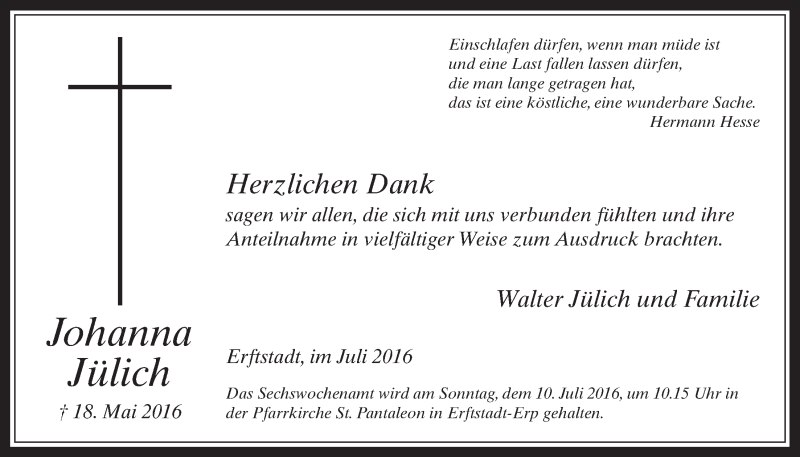  Traueranzeige für Johanna Jülich vom 06.07.2016 aus  Werbepost 