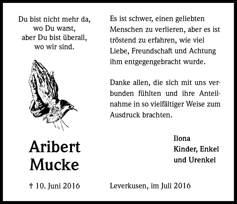  Traueranzeige für Aribert Mucke vom 02.07.2016 aus Kölner Stadt-Anzeiger / Kölnische Rundschau / Express