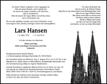 Anzeige von Lars Hansen von Kölner Stadt-Anzeiger / Kölnische Rundschau / Express
