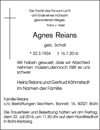 Anzeige von Agnes Reians von  Schlossbote/Werbekurier 