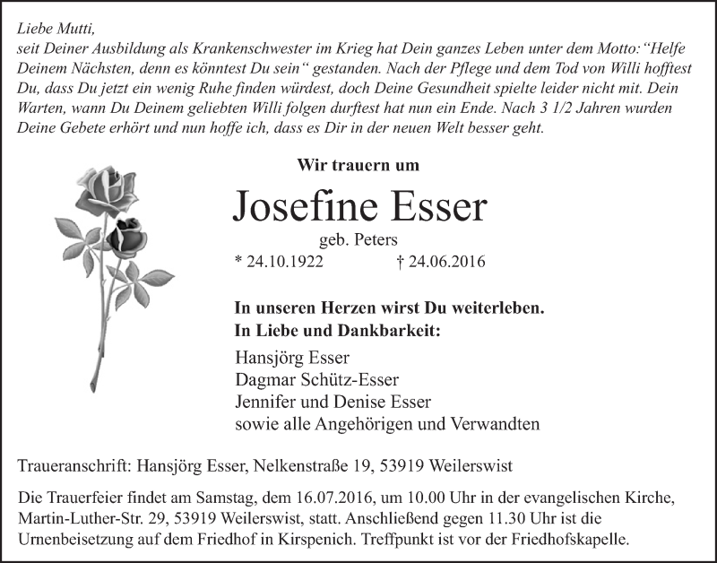  Traueranzeige für Josefine Esser vom 09.07.2016 aus  Blickpunkt Euskirchen 