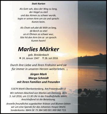 Anzeige von Marlies Märker von Kölner Stadt-Anzeiger / Kölnische Rundschau / Express