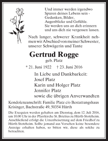 Anzeige von Gertrud Rogge von  Wochenende 