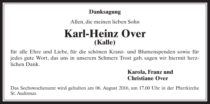  Traueranzeige für Karl-Heinz Over vom 30.07.2016 aus  Sonntags-Post 