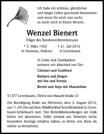 Anzeige von Wenzel Bienert von Kölner Stadt-Anzeiger / Kölnische Rundschau / Express