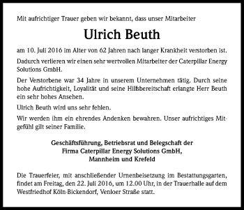 Anzeige von Ulrich Beuth von Kölner Stadt-Anzeiger / Kölnische Rundschau / Express
