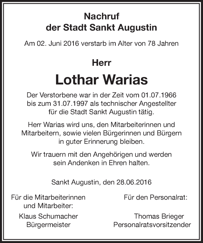  Traueranzeige für Lothar Warias vom 06.07.2016 aus  Extra Blatt 