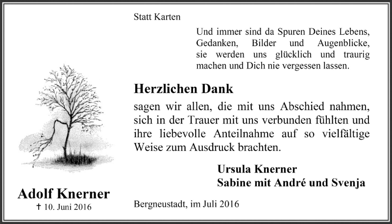  Traueranzeige für Adolf Knerner vom 27.07.2016 aus  Anzeigen Echo 