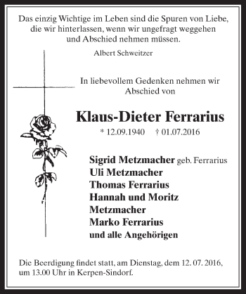 Anzeige von Klaus-Dieter Ferrarius von  Werbepost 