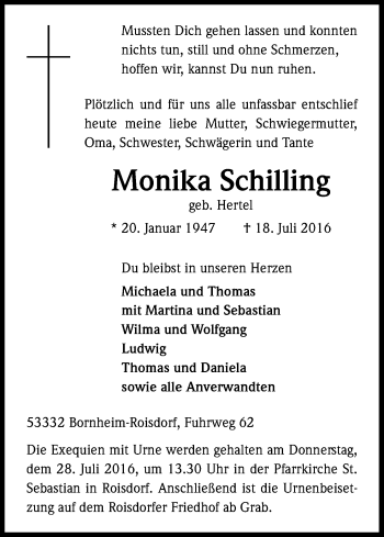 Anzeige von Monika Schilling von Kölner Stadt-Anzeiger / Kölnische Rundschau / Express