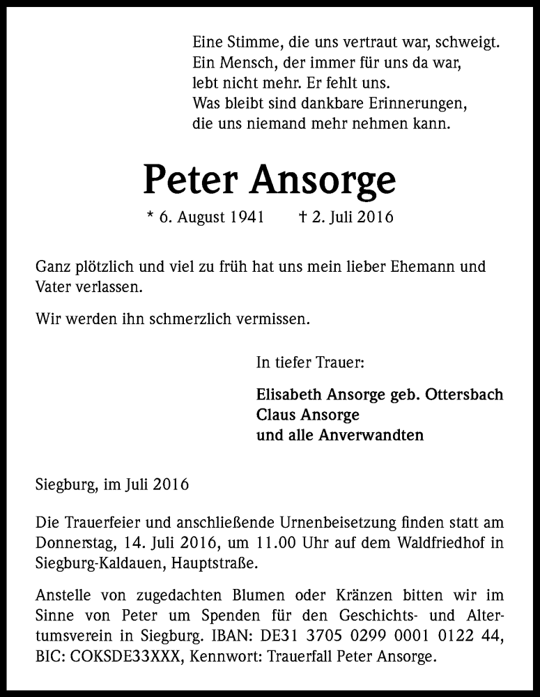  Traueranzeige für Peter Ansorge vom 09.07.2016 aus Kölner Stadt-Anzeiger / Kölnische Rundschau / Express