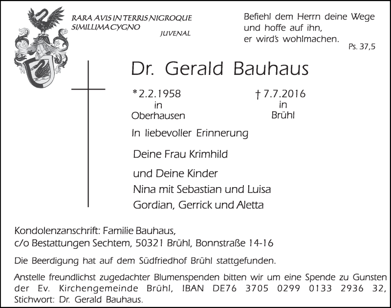  Traueranzeige für Gerald Bauhaus vom 13.07.2016 aus  Schlossbote/Werbekurier 