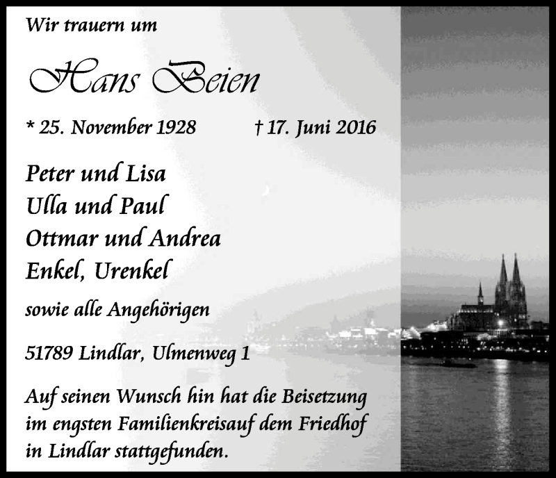  Traueranzeige für Hans Beien vom 02.07.2016 aus Kölner Stadt-Anzeiger / Kölnische Rundschau / Express