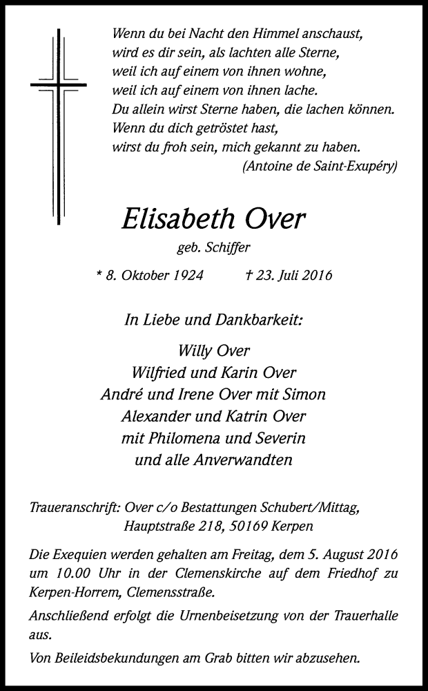  Traueranzeige für Elisabeth Over vom 30.07.2016 aus Kölner Stadt-Anzeiger / Kölnische Rundschau / Express