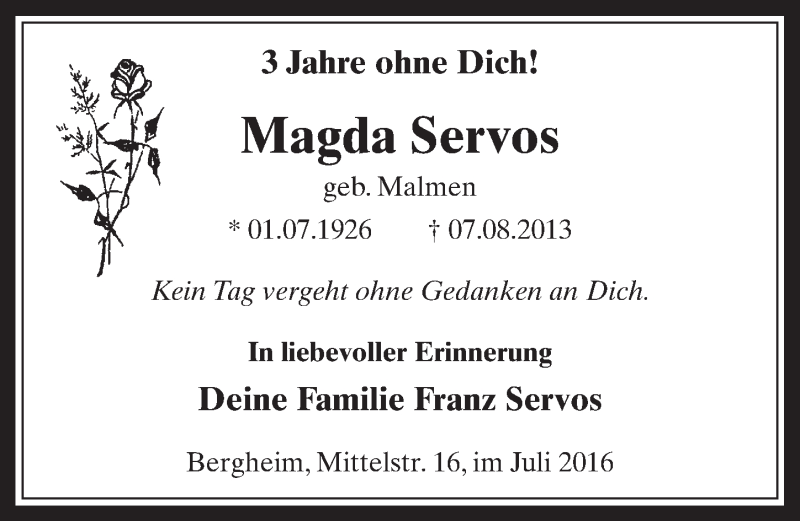  Traueranzeige für Magda Servos vom 30.07.2016 aus  Sonntags-Post 