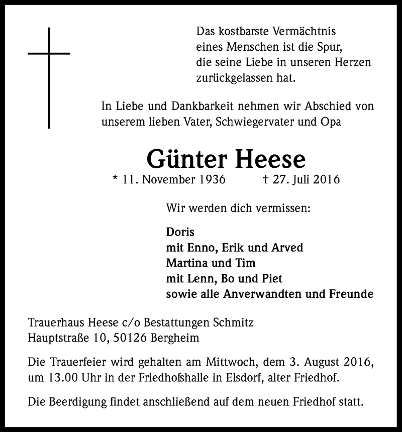  Traueranzeige für Günter Heese vom 30.07.2016 aus Kölner Stadt-Anzeiger / Kölnische Rundschau / Express