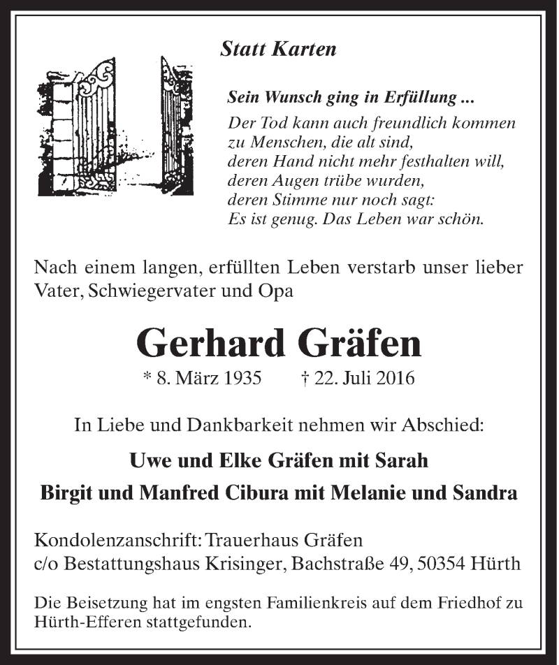  Traueranzeige für Gerhard Gräfen vom 27.07.2016 aus  Wochenende  Schlossbote/Werbekurier 