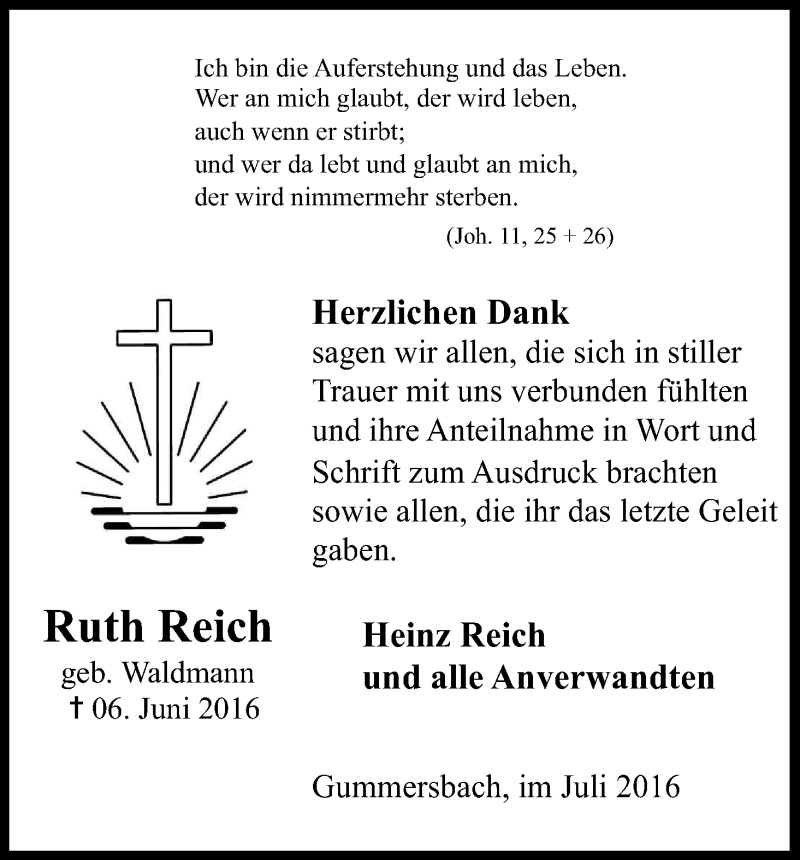  Traueranzeige für Ruth Reich vom 23.07.2016 aus Kölner Stadt-Anzeiger / Kölnische Rundschau / Express