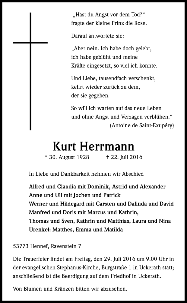  Traueranzeige für Kurt Herrmann vom 26.07.2016 aus Kölner Stadt-Anzeiger / Kölnische Rundschau / Express