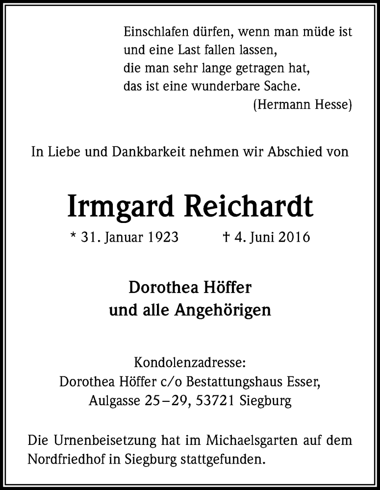  Traueranzeige für Irmgard Reichardt vom 02.07.2016 aus Kölner Stadt-Anzeiger / Kölnische Rundschau / Express