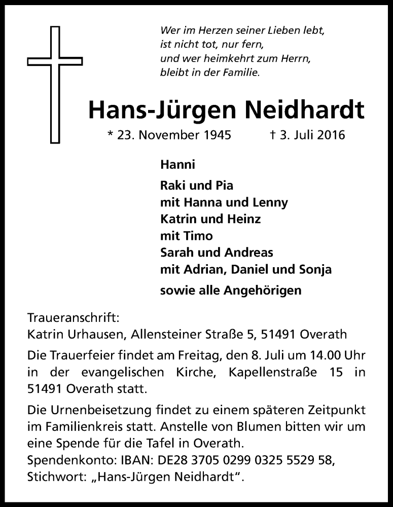  Traueranzeige für Hans-Jürgen Neidhardt vom 06.07.2016 aus Kölner Stadt-Anzeiger / Kölnische Rundschau / Express