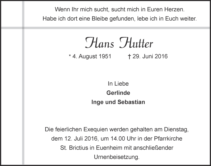  Traueranzeige für Hans Hutter vom 09.07.2016 aus  Blickpunkt Euskirchen 
