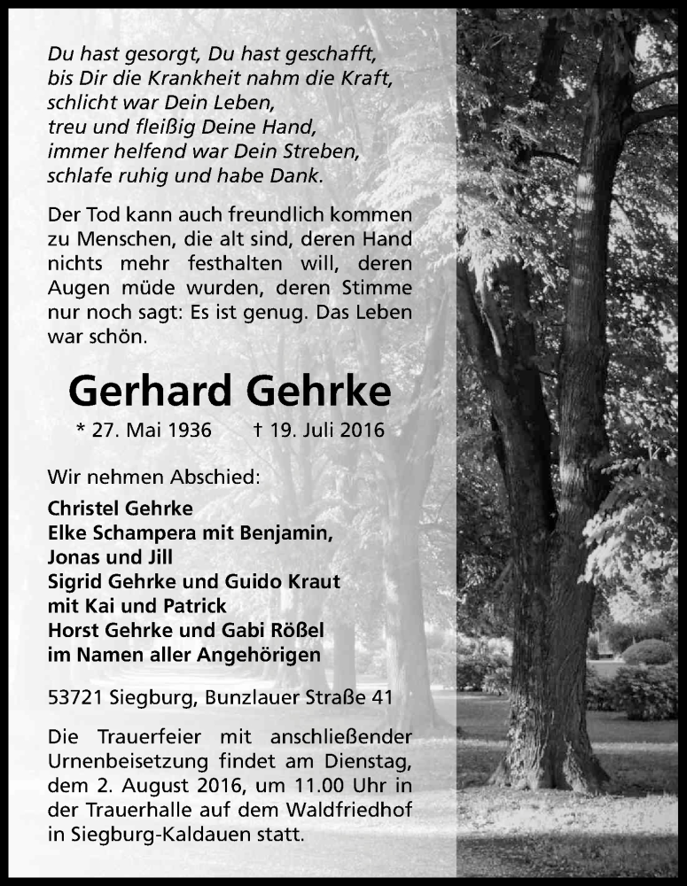  Traueranzeige für Gerhard Gehrke vom 23.07.2016 aus Kölner Stadt-Anzeiger / Kölnische Rundschau / Express