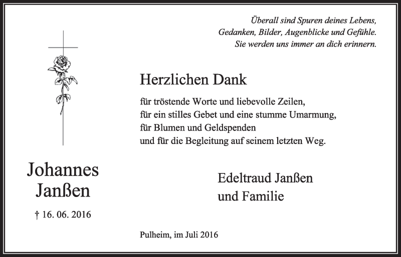  Traueranzeige für Johannes Janßen vom 16.07.2016 aus  Sonntags-Post 