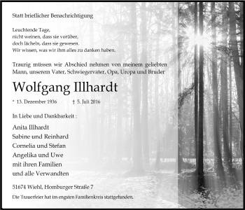 Anzeige von Wolfgang Illhardt von  Anzeigen Echo 