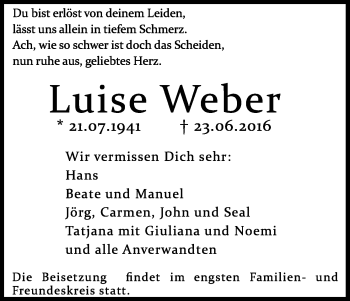 Anzeige von Luise Weber von Kölner Stadt-Anzeiger / Kölnische Rundschau / Express