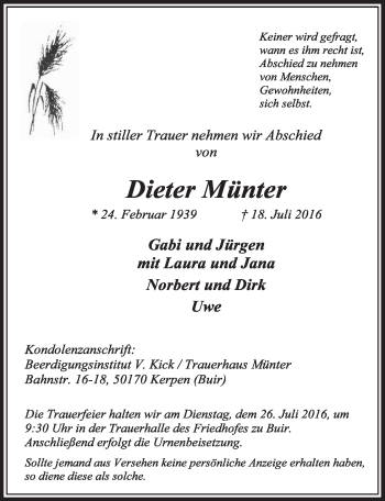 Anzeige von Dieter Münter von  Sonntags-Post 