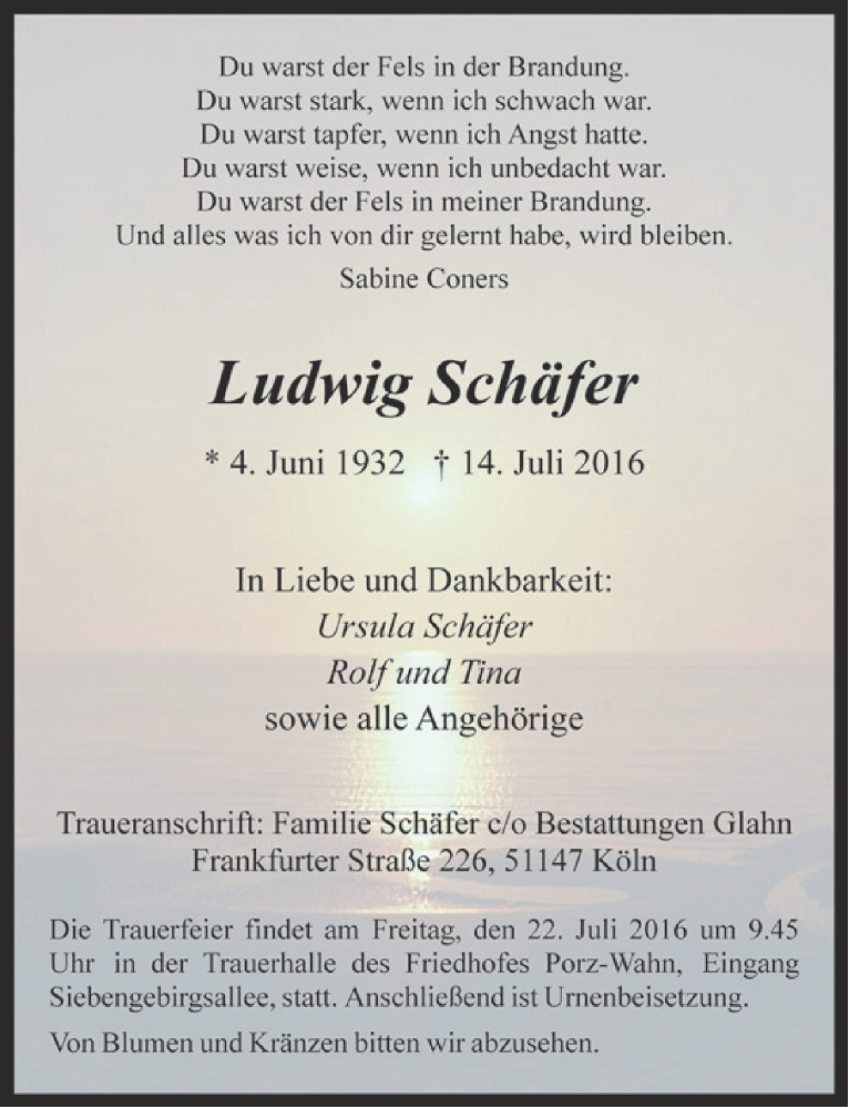 Traueranzeige für Ludwig Schäfer vom 20.07.2016 aus  Kölner Wochenspiegel 