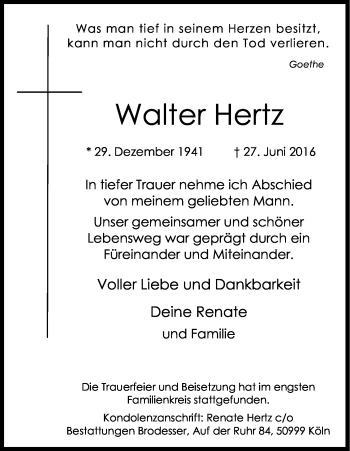 Anzeige von Walter Hertz von Kölner Stadt-Anzeiger / Kölnische Rundschau / Express