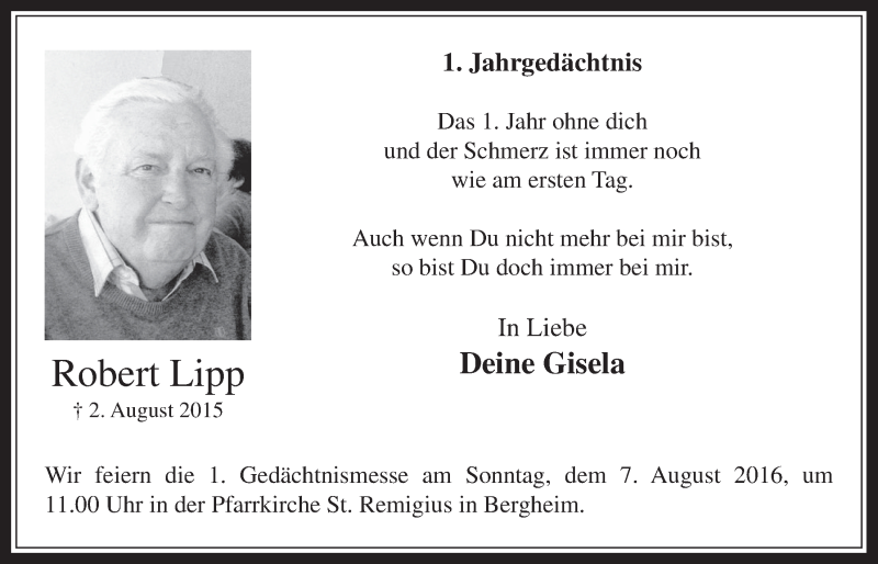  Traueranzeige für Robert Lipp vom 27.07.2016 aus  Werbepost 