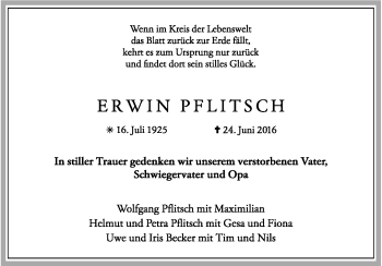 Anzeige von Erwin Pflitsch von Kölner Stadt-Anzeiger / Kölnische Rundschau / Express