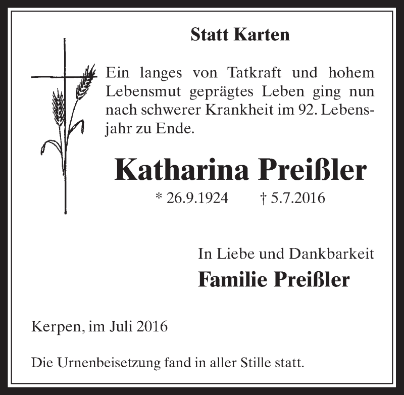  Traueranzeige für Katharina Preißler vom 16.07.2016 aus  Sonntags-Post 