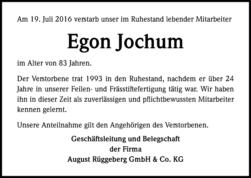  Traueranzeige für Egon Jochum vom 26.07.2016 aus Kölner Stadt-Anzeiger / Kölnische Rundschau / Express