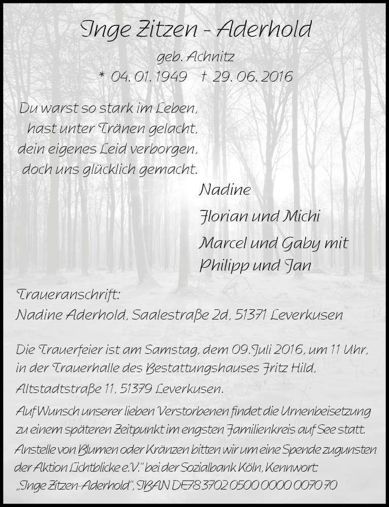  Traueranzeige für Inge Zitzen-Aderhold vom 06.07.2016 aus  Lokale Informationen 