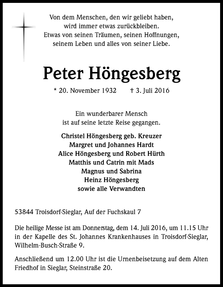  Traueranzeige für Peter Höngesberg vom 09.07.2016 aus Kölner Stadt-Anzeiger / Kölnische Rundschau / Express