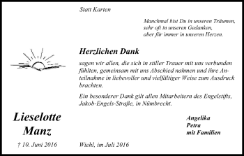 Anzeige von Lieselotte Manz von Kölner Stadt-Anzeiger / Kölnische Rundschau / Express