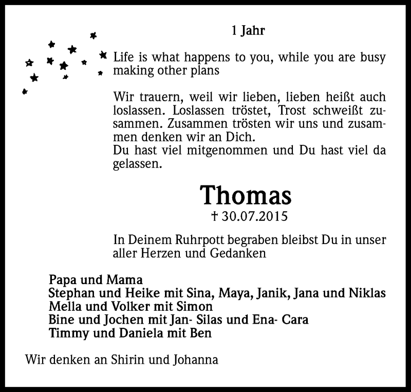  Traueranzeige für Thomas  vom 30.07.2016 aus Kölner Stadt-Anzeiger / Kölnische Rundschau / Express
