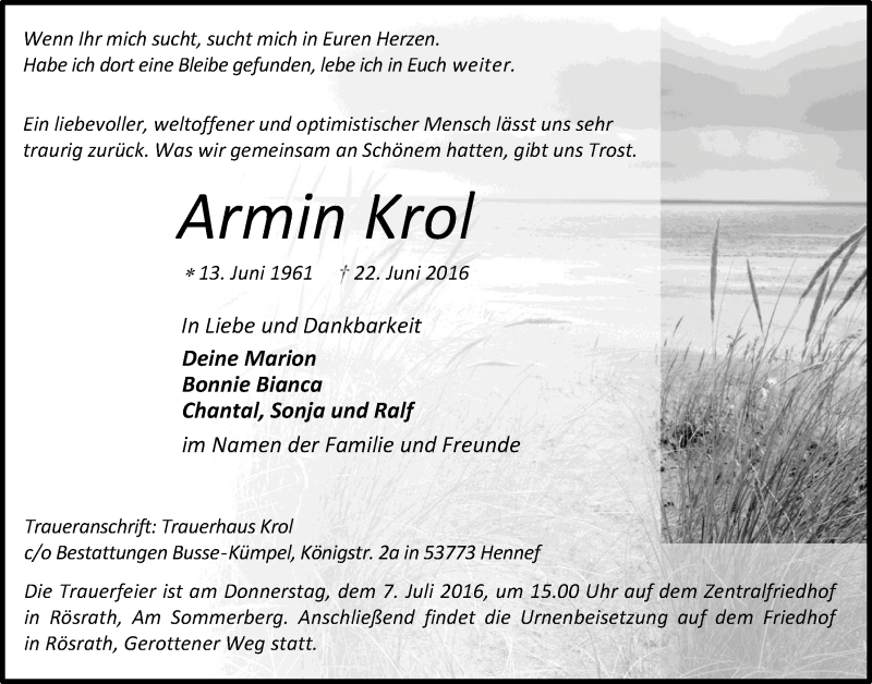  Traueranzeige für Armin Krol vom 06.07.2016 aus  Extra Blatt 