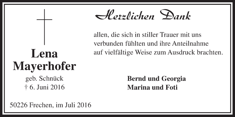  Traueranzeige für Lena Mayerhofer vom 02.07.2016 aus  Sonntags-Post 