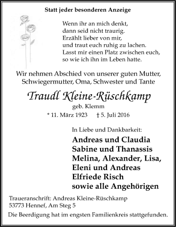 Anzeige von Traudl Kleine-Rüschkamp von Kölner Stadt-Anzeiger / Kölnische Rundschau / Express
